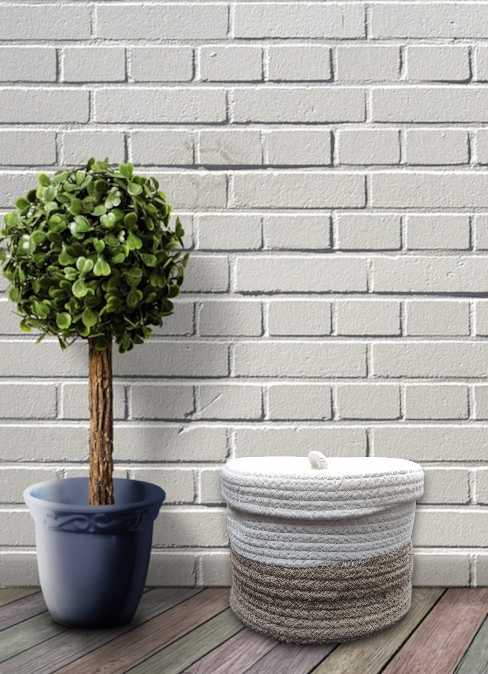 Basket-Small1 Handmade, Two Tone, Cotton Rope and Jute Storage Basket with Lid (Small Basket)