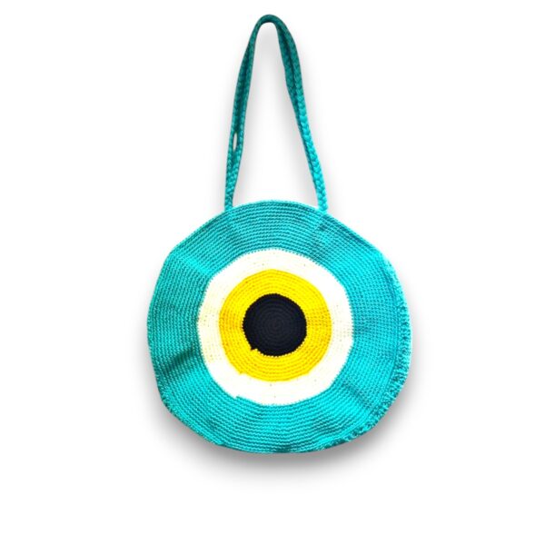 Blue-EvilEye-Main Handmade Evil Eye Crochet Handbag, Cotton Thread with Zipper, Blue Color