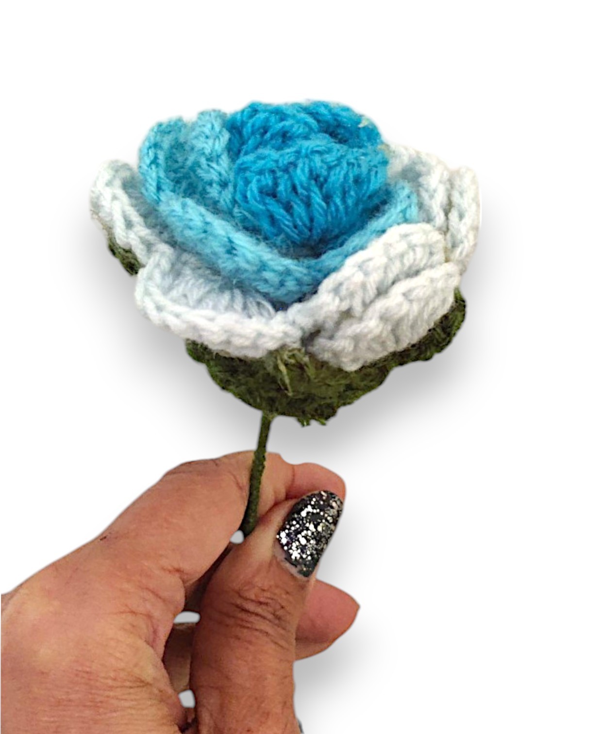 Handcrafted Crochet Rose, Blue and White Ombre Flower, Decorative Stem