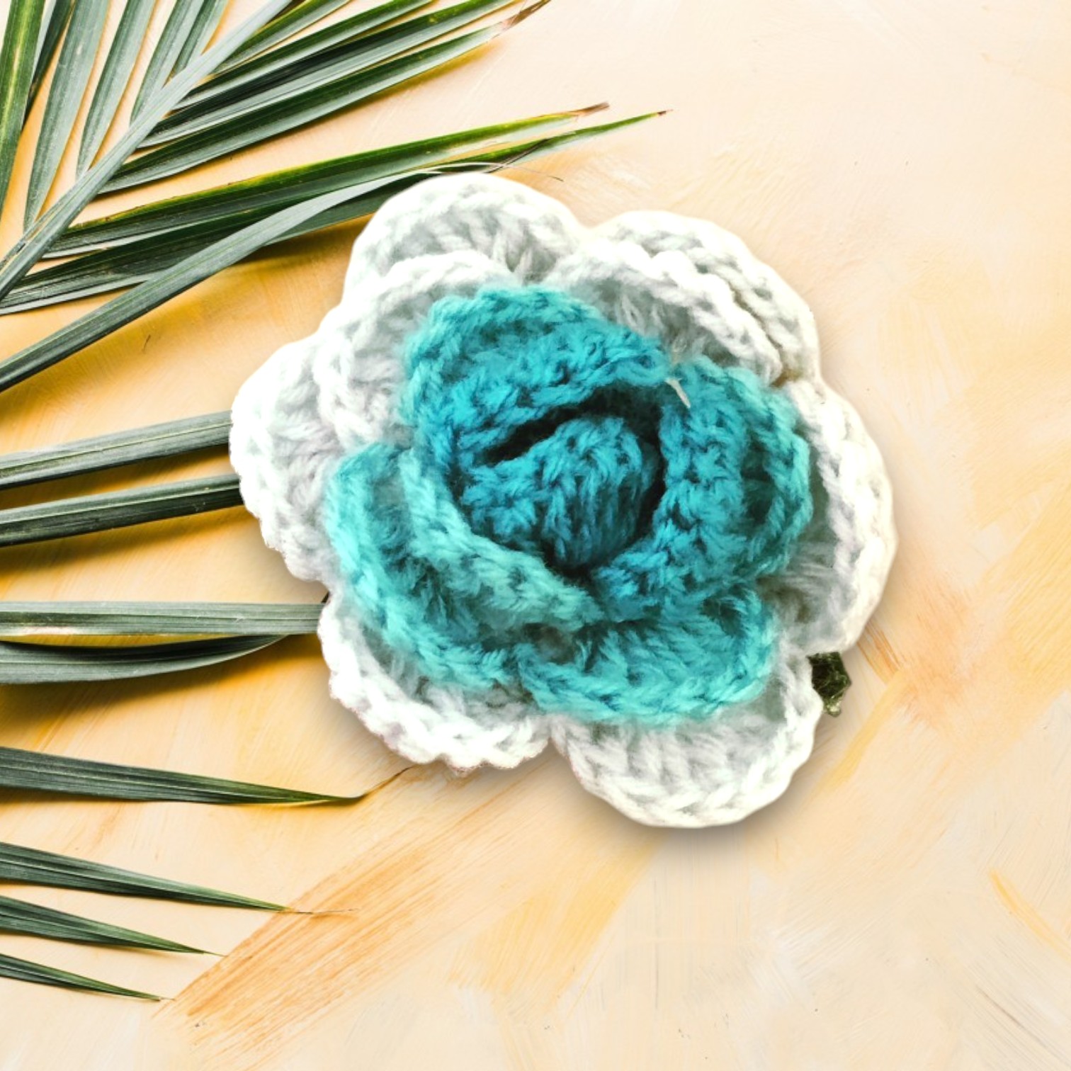 Handcrafted Crochet Rose, Blue and White Ombre Flower, Decorative Stem - Image 2