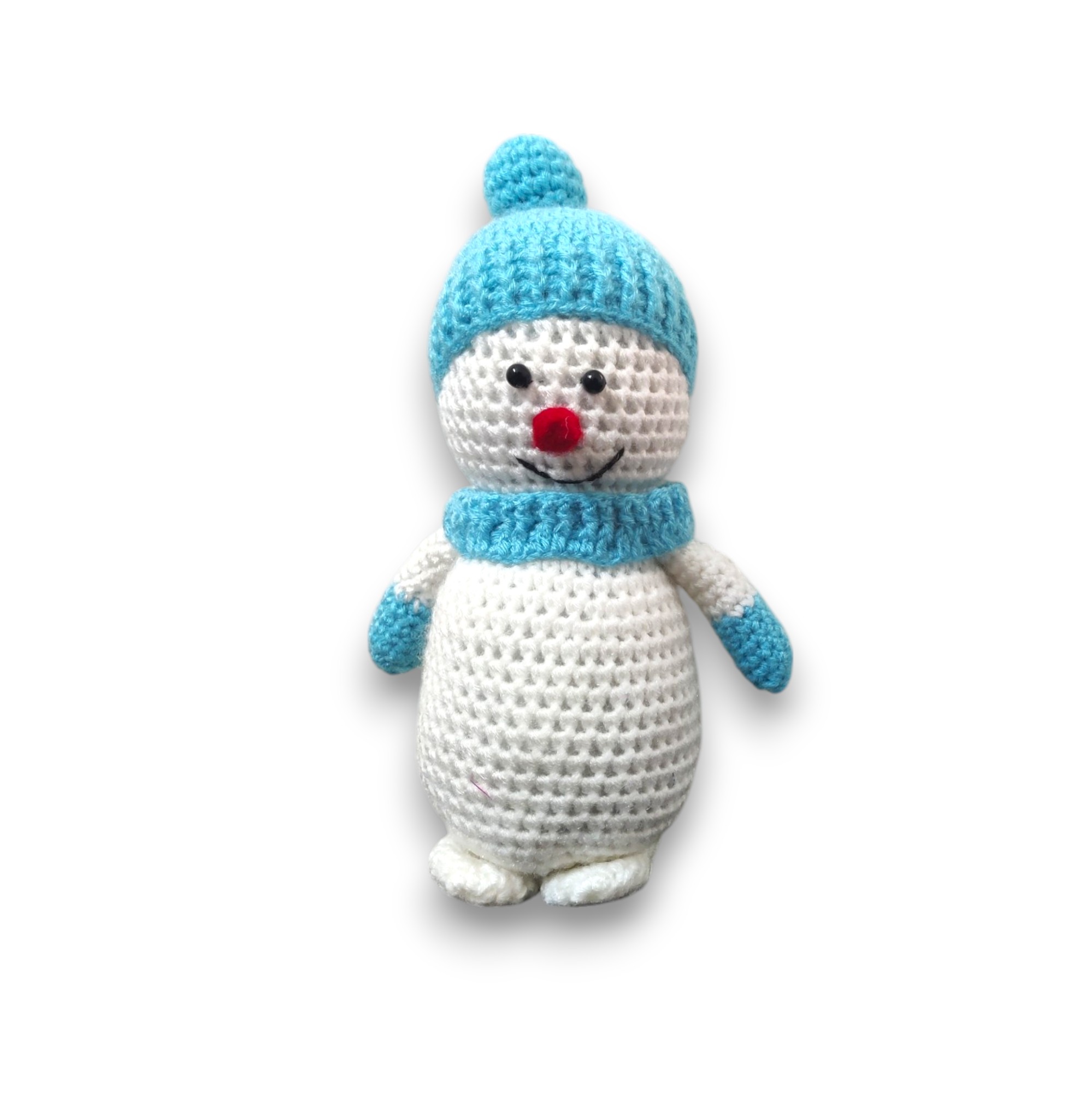 Handmade Crochet Snowman Plush Toy, White with Blue Hat and Scarf, Amigurumi Toy - Image 2