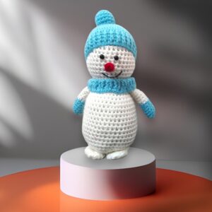 Handmade Crochet Snowman Plush Toy, White with Blue Hat and Scarf, Amigurumi Toy