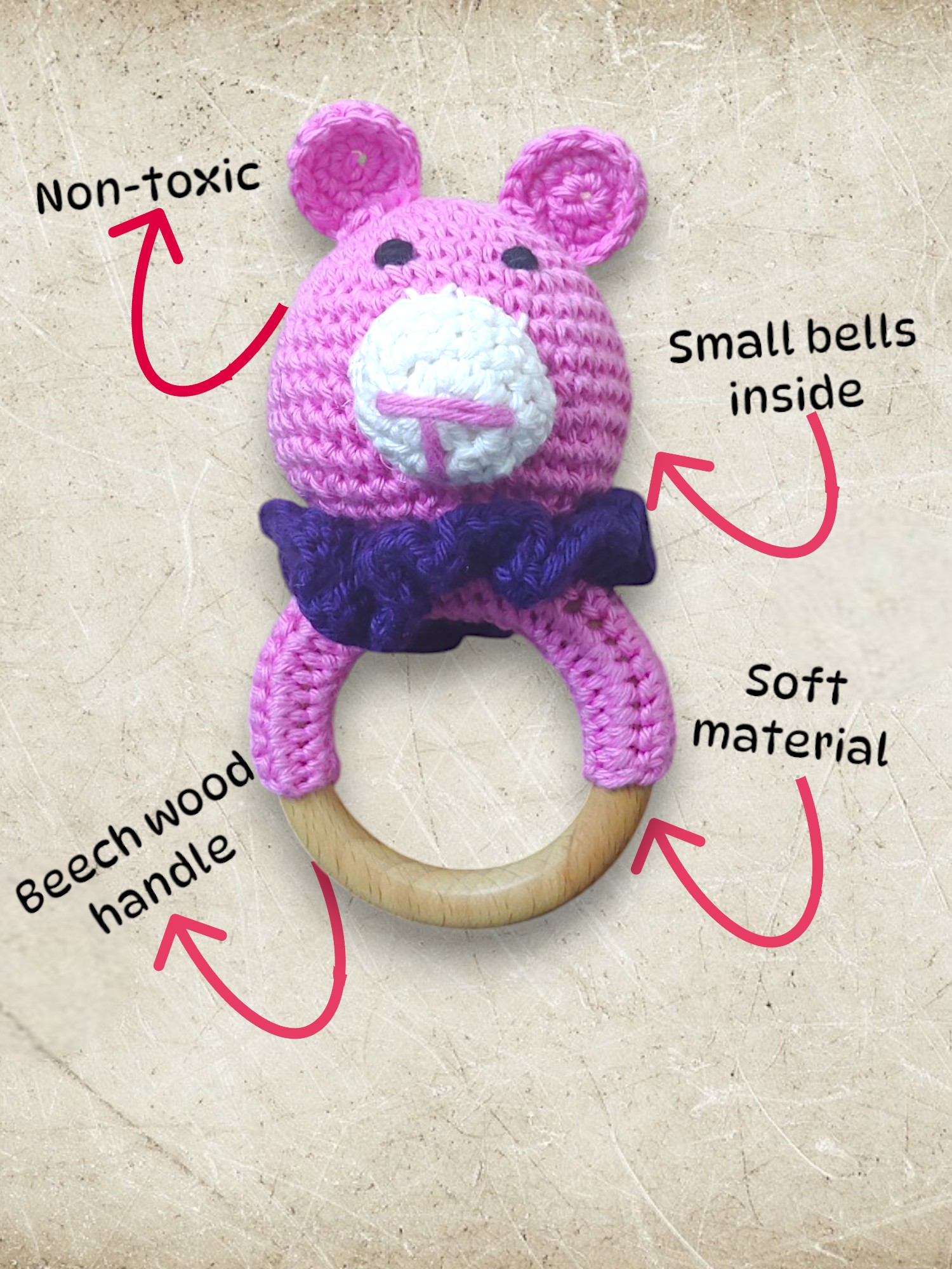 Handmade Crochet Baby Bunny Toy, Pink and Purple, with Wooden Ring - Image 3