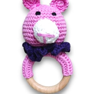 Handmade Crochet Baby Bunny Toy, Pink and Purple, with Wooden Ring