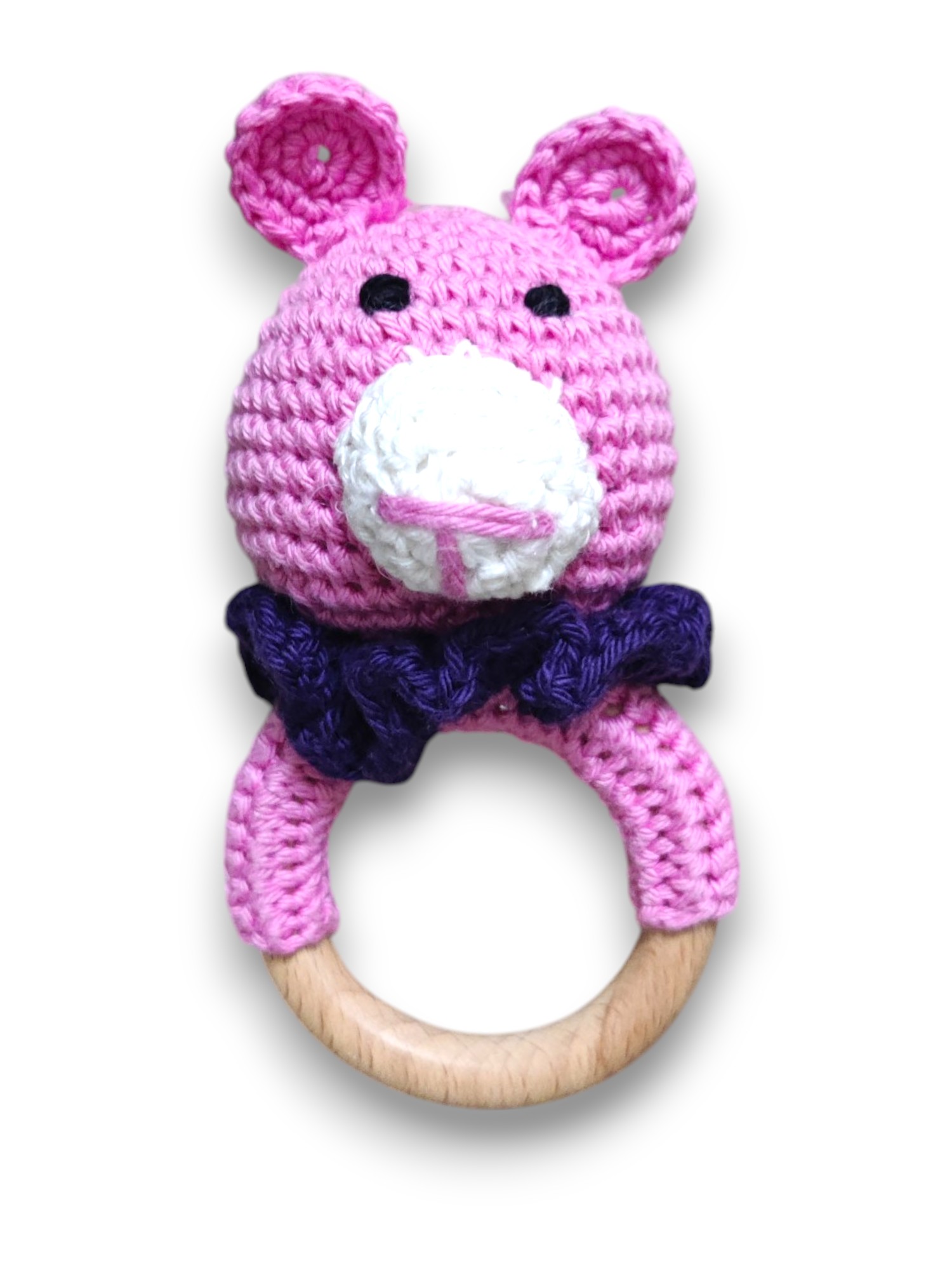 Handmade Crochet Baby Bunny Toy, Pink and Purple, with Wooden Ring