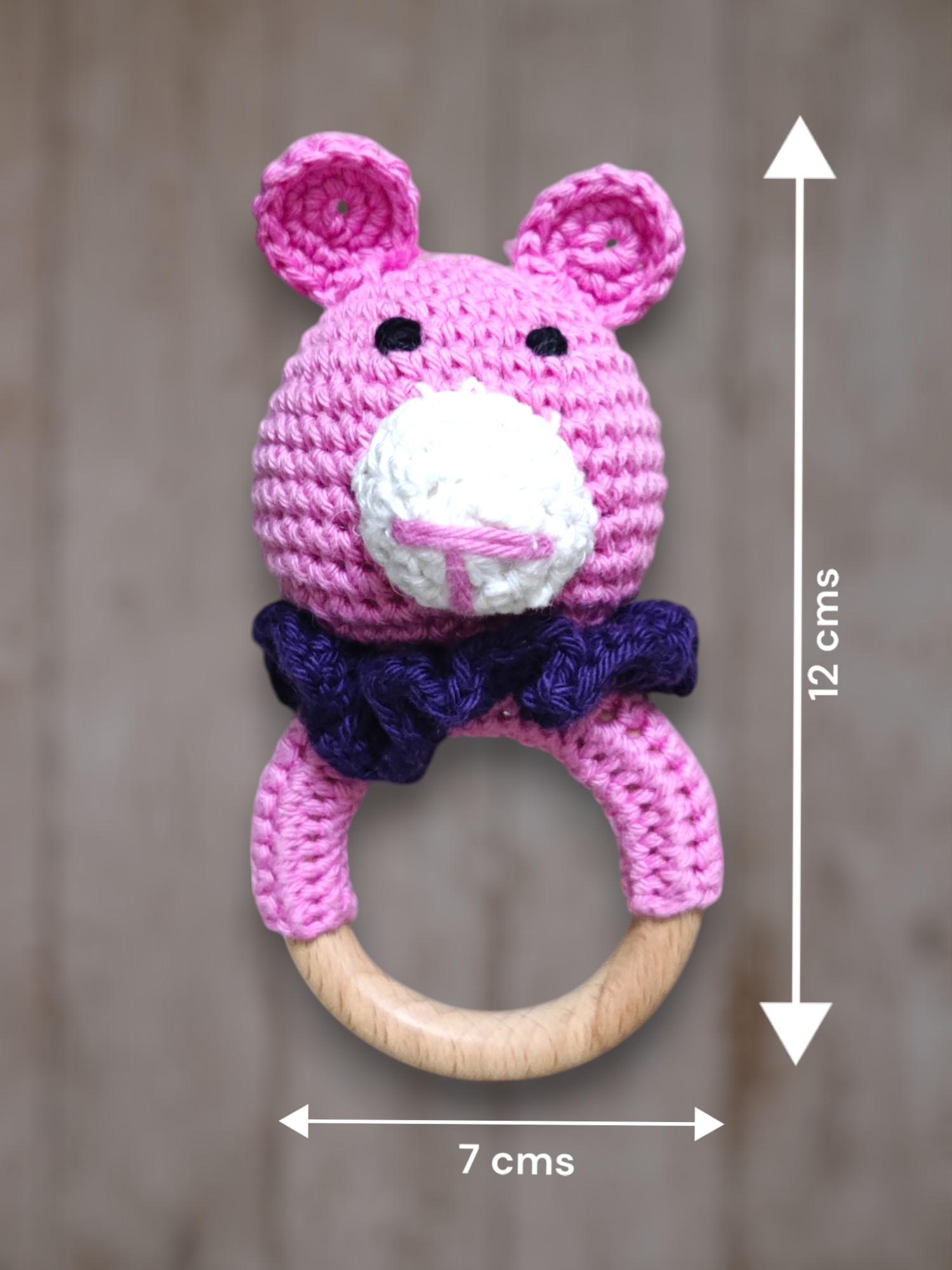 Handmade Crochet Baby Bunny Toy, Pink and Purple, with Wooden Ring - Image 2
