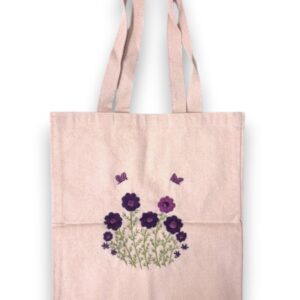 Cotton Canvas Tote Bag with Purple Hand Embroidery Flowers, Natural Beige Color