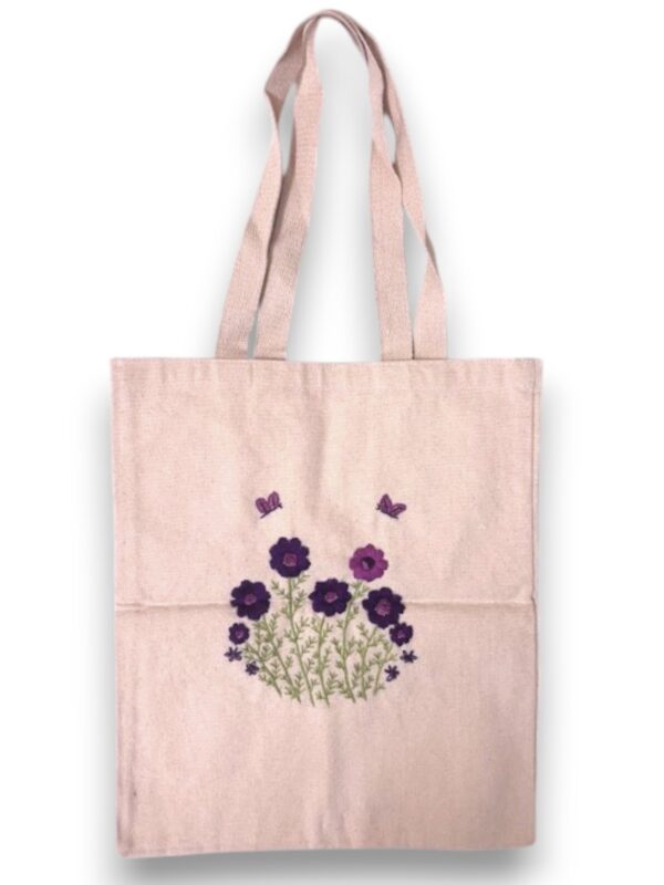 Cotton Canvas Tote Bag with Purple Hand Embroidery Flowers, Natural Beige Color