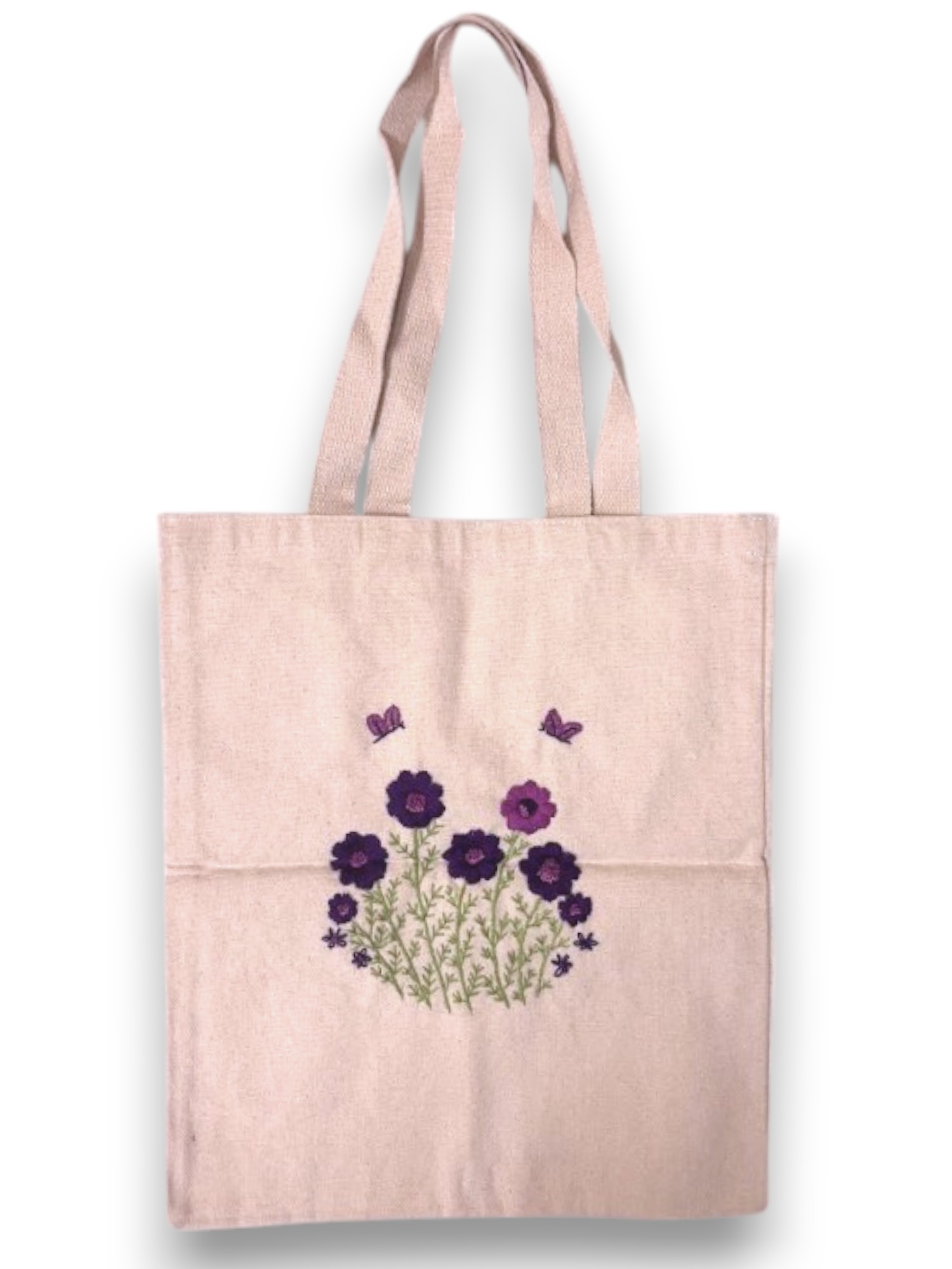Cotton Canvas Tote Bag with Purple Hand Embroidery Flowers, Natural Beige Color