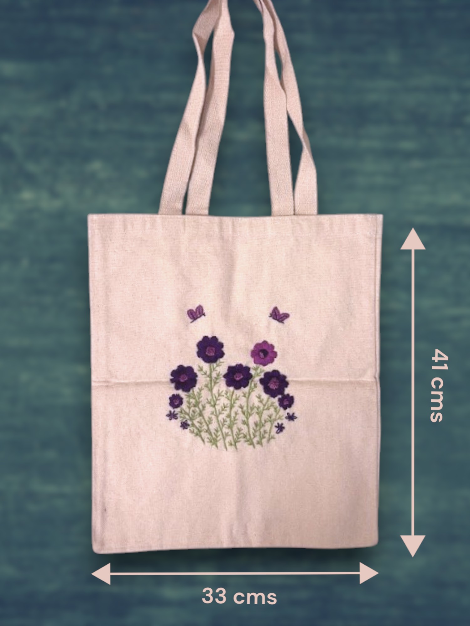 Cotton Canvas Tote Bag with Purple Hand Embroidery Flowers, Natural Beige Color - Image 2