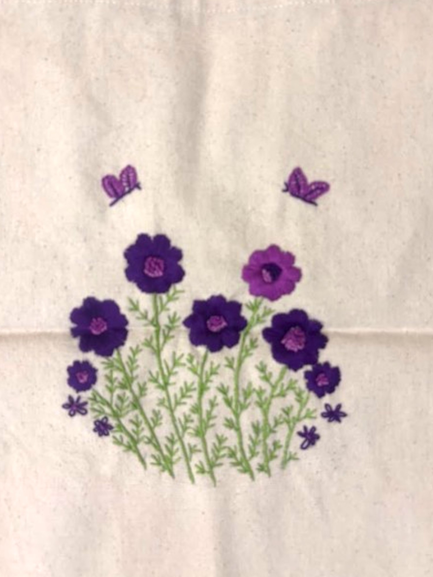 Cotton Canvas Tote Bag with Purple Hand Embroidery Flowers, Natural Beige Color - Image 4