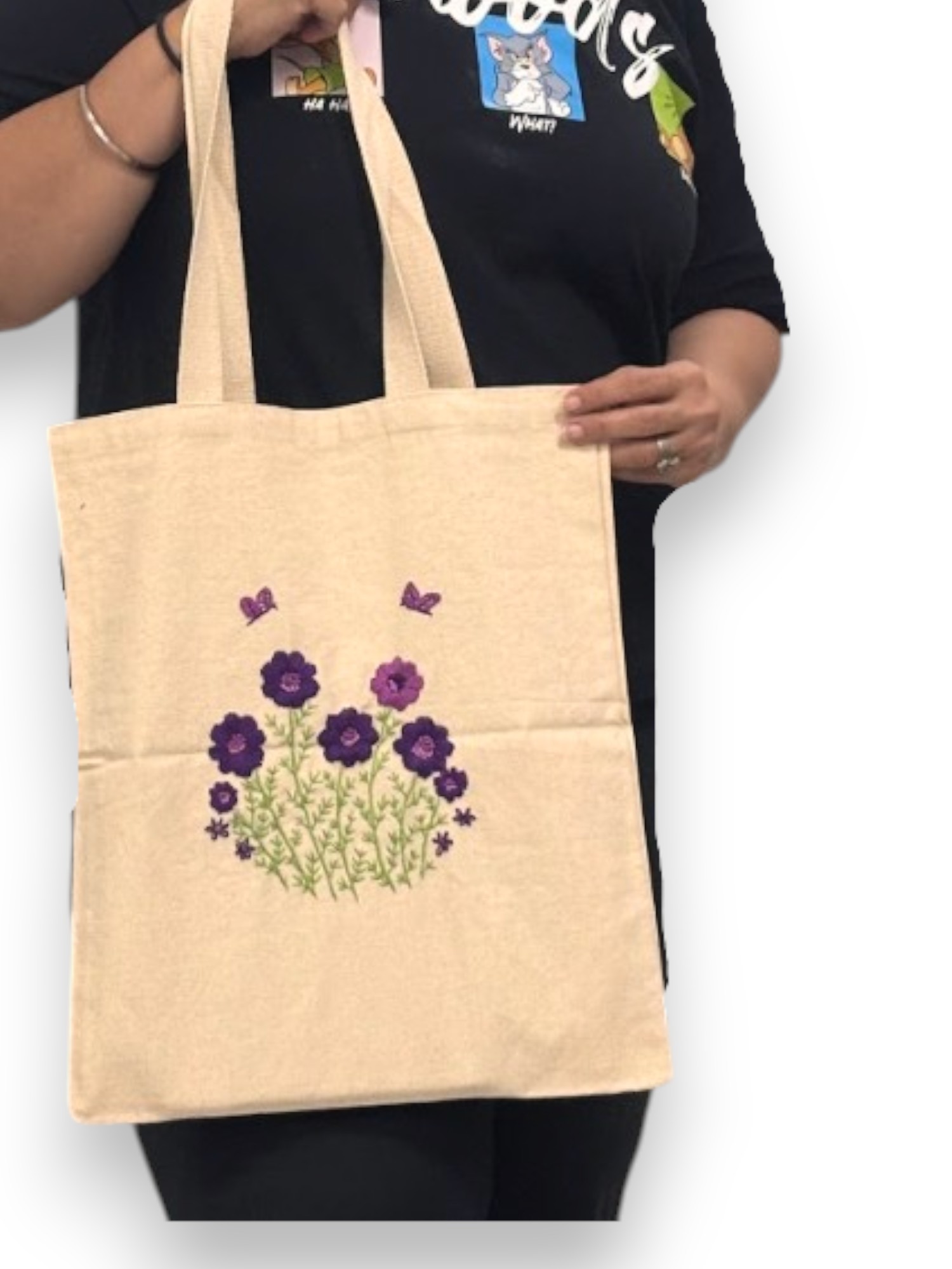 Cotton Canvas Tote Bag with Purple Hand Embroidery Flowers, Natural Beige Color - Image 3