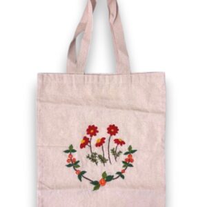Cotton Canvas Tote Bag with Floral Hand Embroidery, Natural Beige