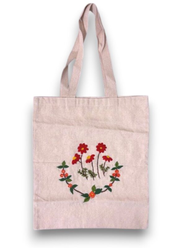 Cotton-Tote-RedGreenFlowers Cotton Canvas Tote Bag with Floral Hand Embroidery, Natural Beige