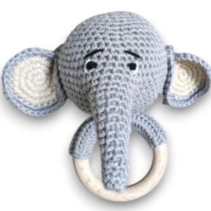 Handmade, Crochet Elephant Baby Toy, Amigurumi Grey Plush with Wooden Ring