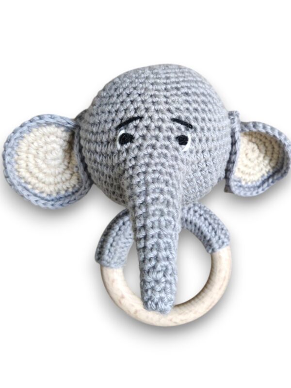 Handmade, Crochet Elephant Baby Toy, Amigurumi Grey Plush with Wooden Ring