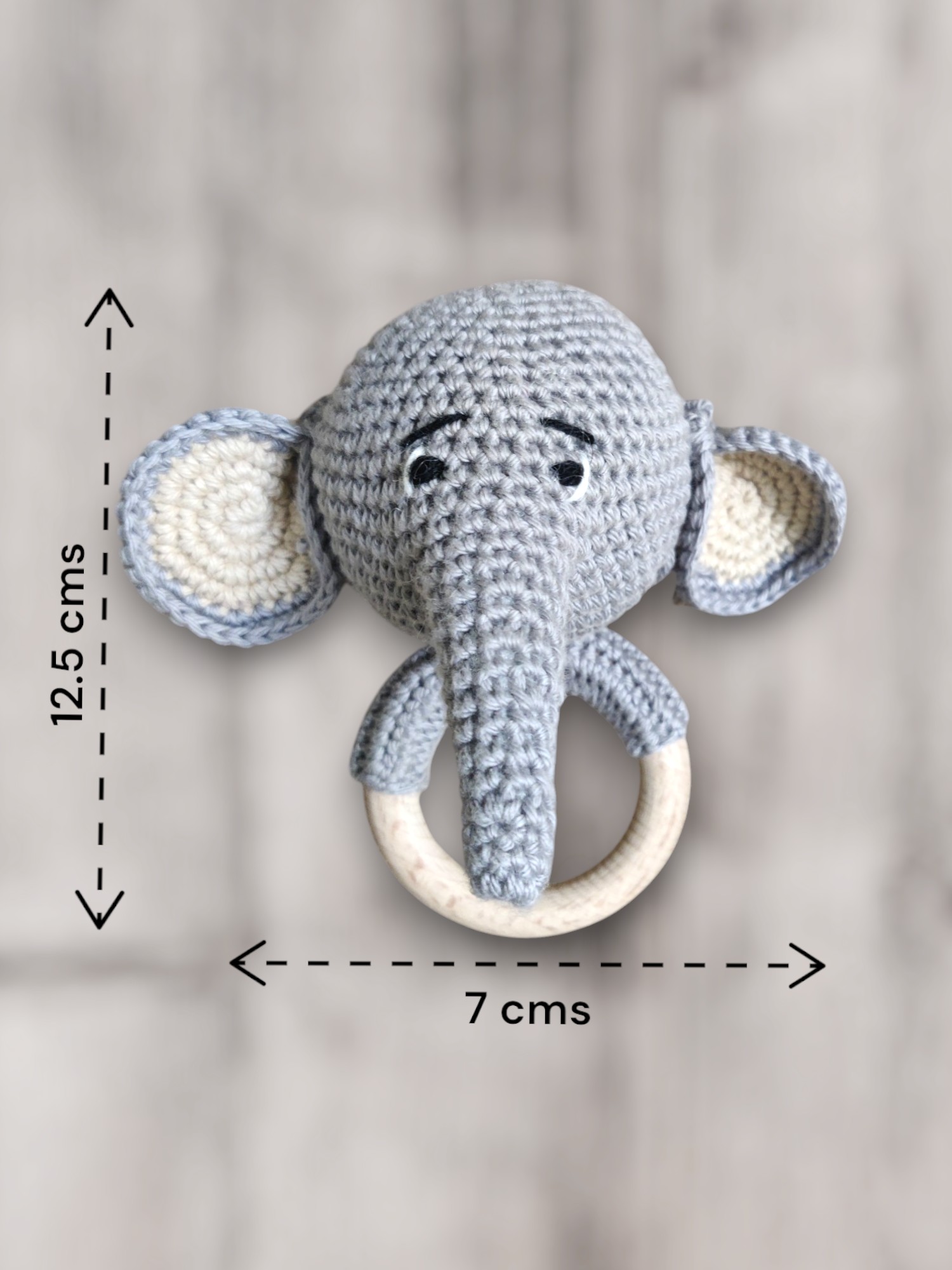 Handmade, Crochet Elephant Baby Toy, Amigurumi Grey Plush with Wooden Ring - Image 2