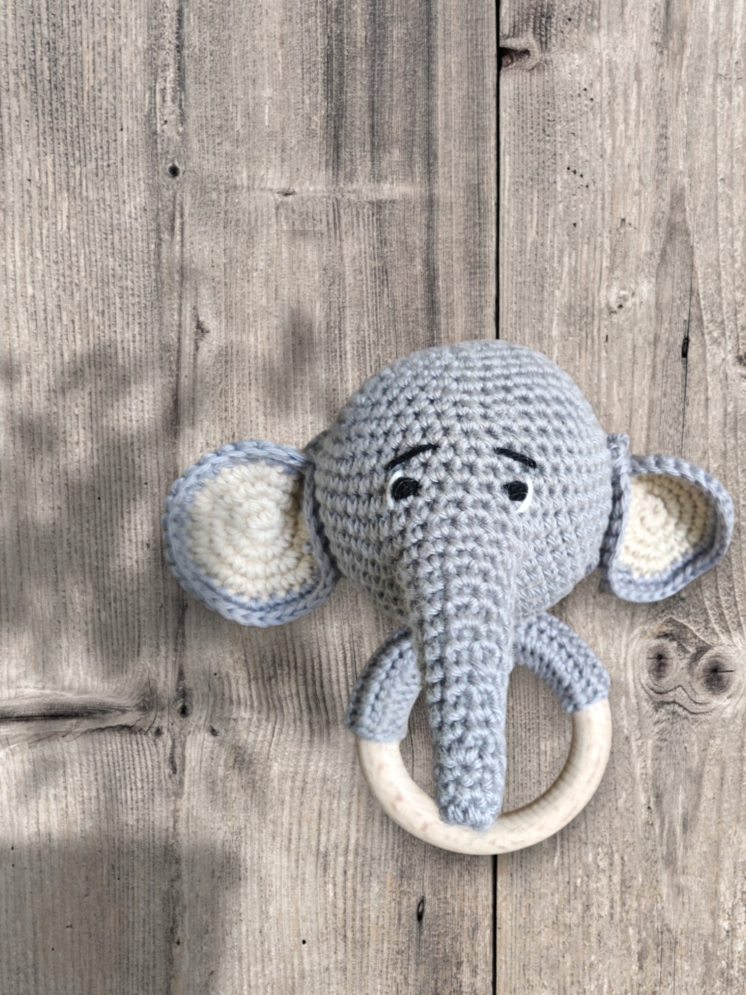 Handmade, Crochet Elephant Baby Toy, Amigurumi Grey Plush with Wooden Ring - Image 4
