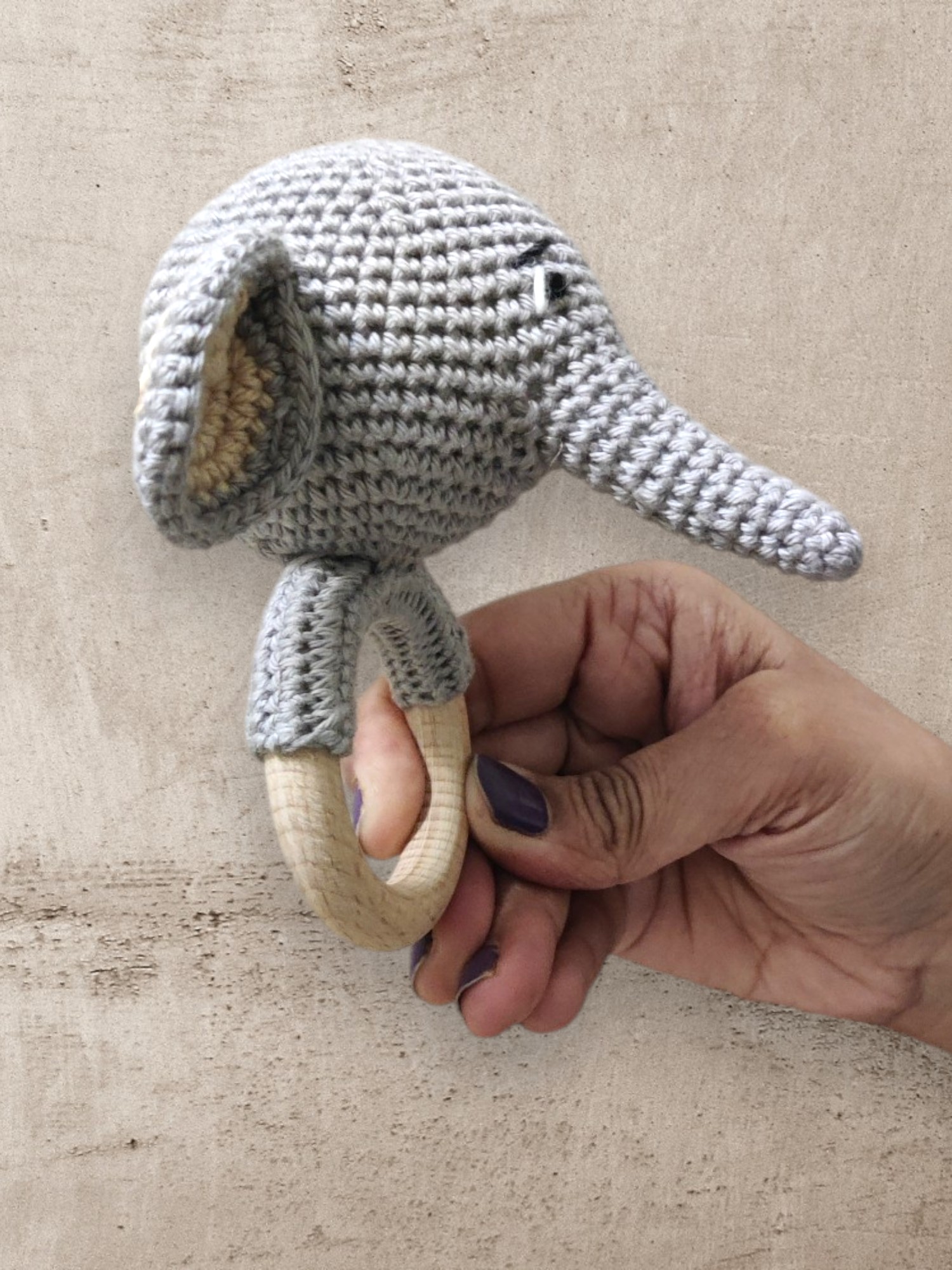 Handmade, Crochet Elephant Baby Toy, Amigurumi Grey Plush with Wooden Ring - Image 3