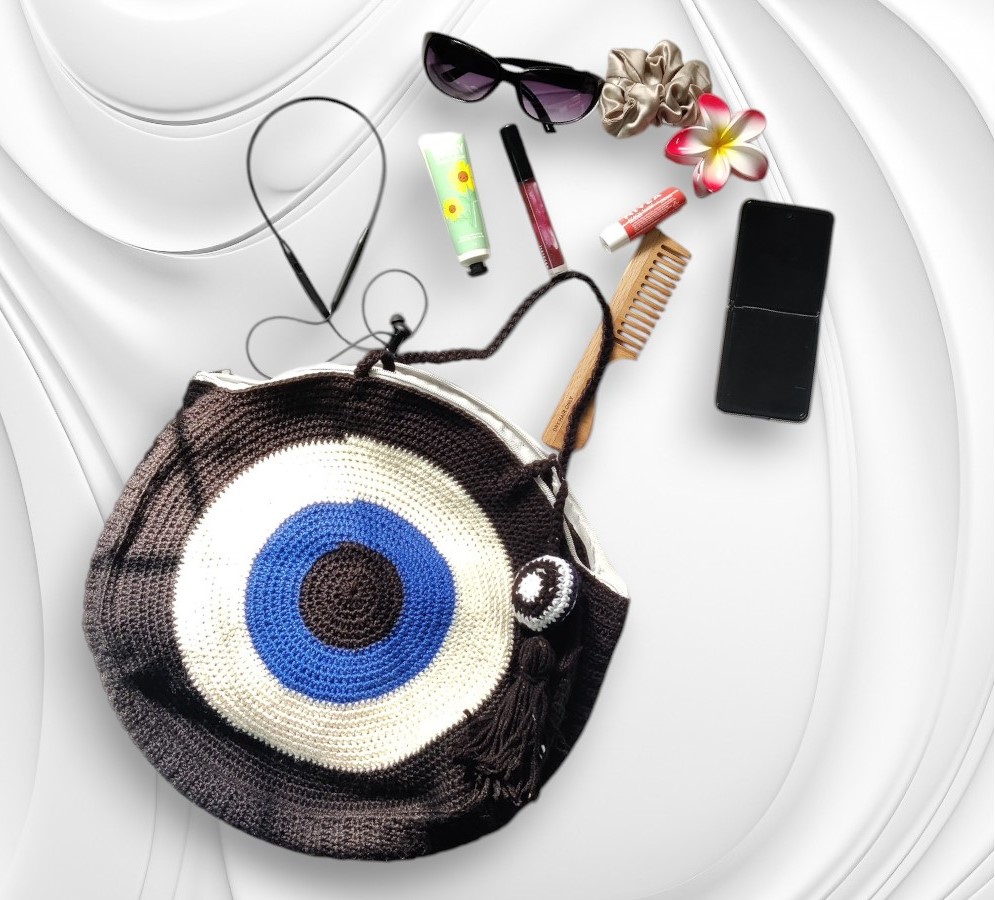 Handmade Evil Eye Crochet Handbag, Cotton Thread, Black with Zipper - Image 3