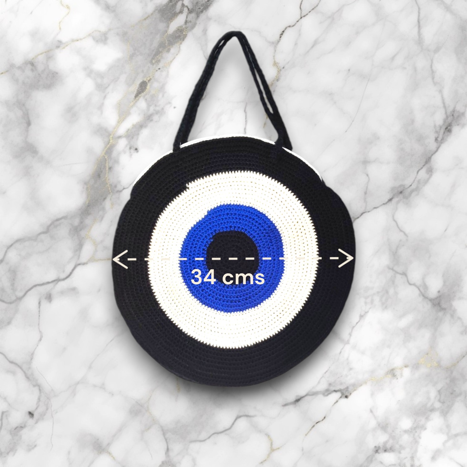 Handmade Evil Eye Crochet Handbag, Cotton Thread, Black with Zipper - Image 2