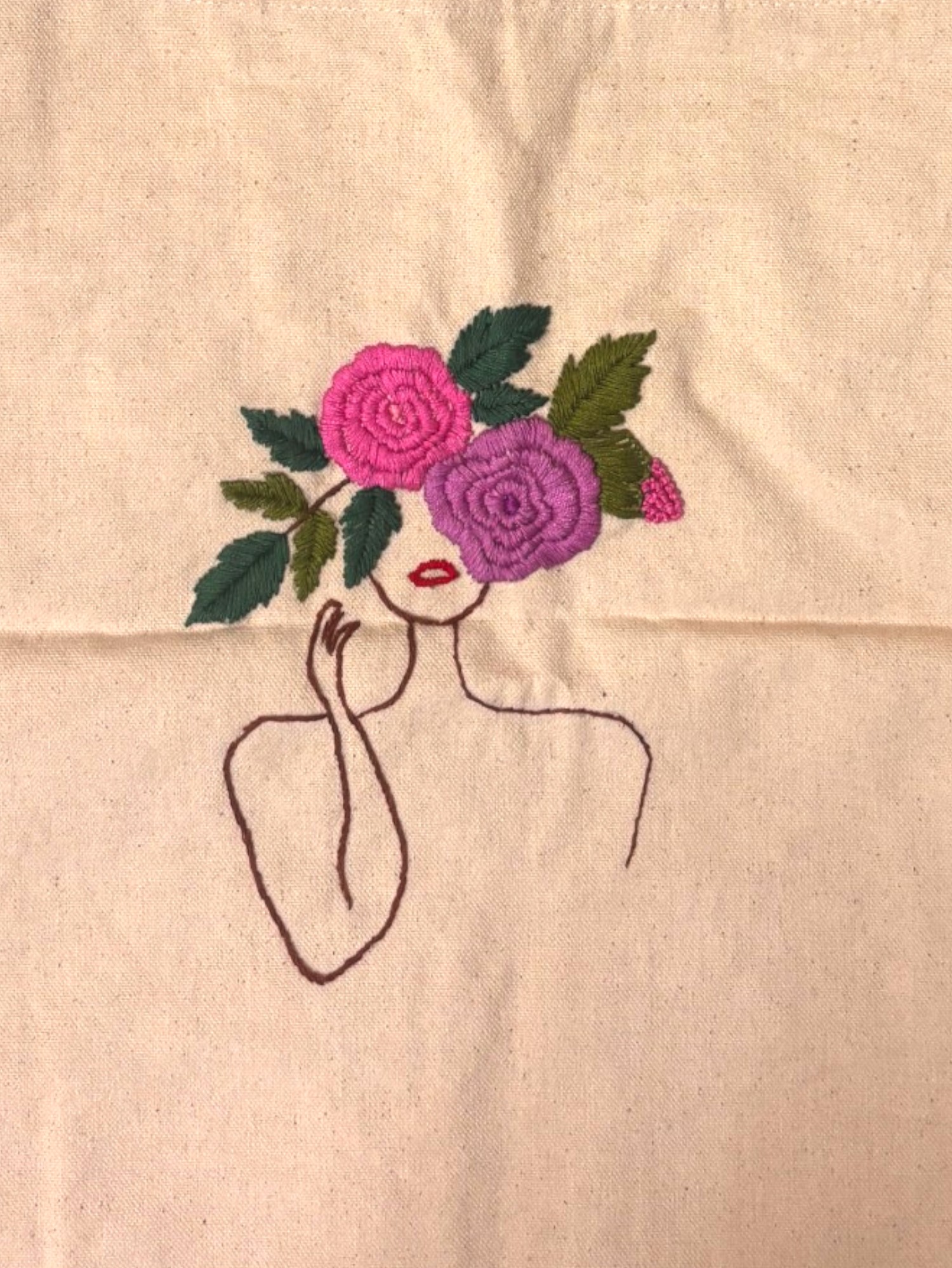 Artistic Cotton Tote Bag with Hand Embroidery Floral Design, Natural Beige - Image 3