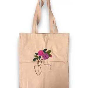 Artistic Cotton Tote Bag with Hand Embroidery Floral Design, Natural Beige
