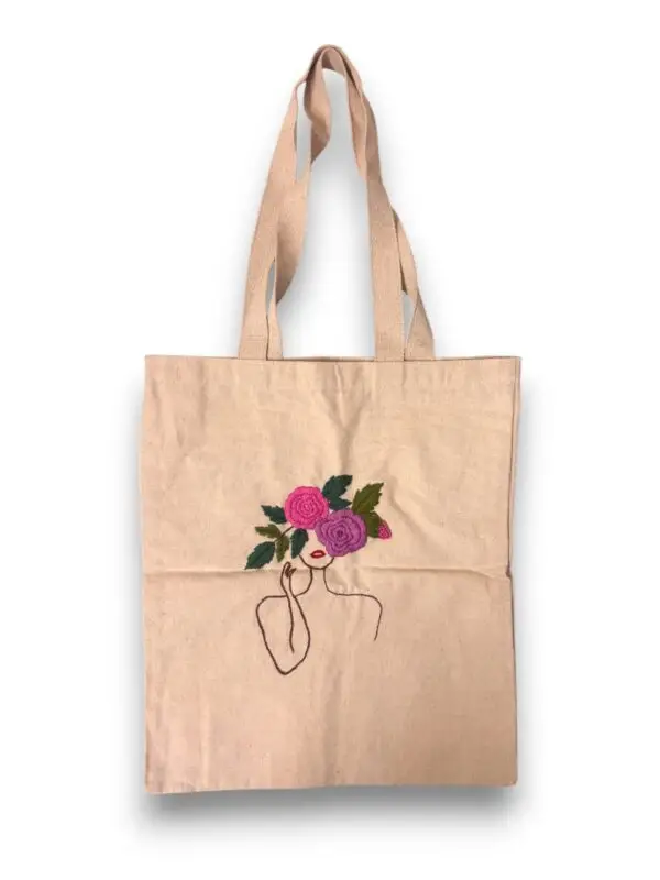 Artistic Cotton Tote Bag with Hand Embroidery Floral Design, Natural Beige