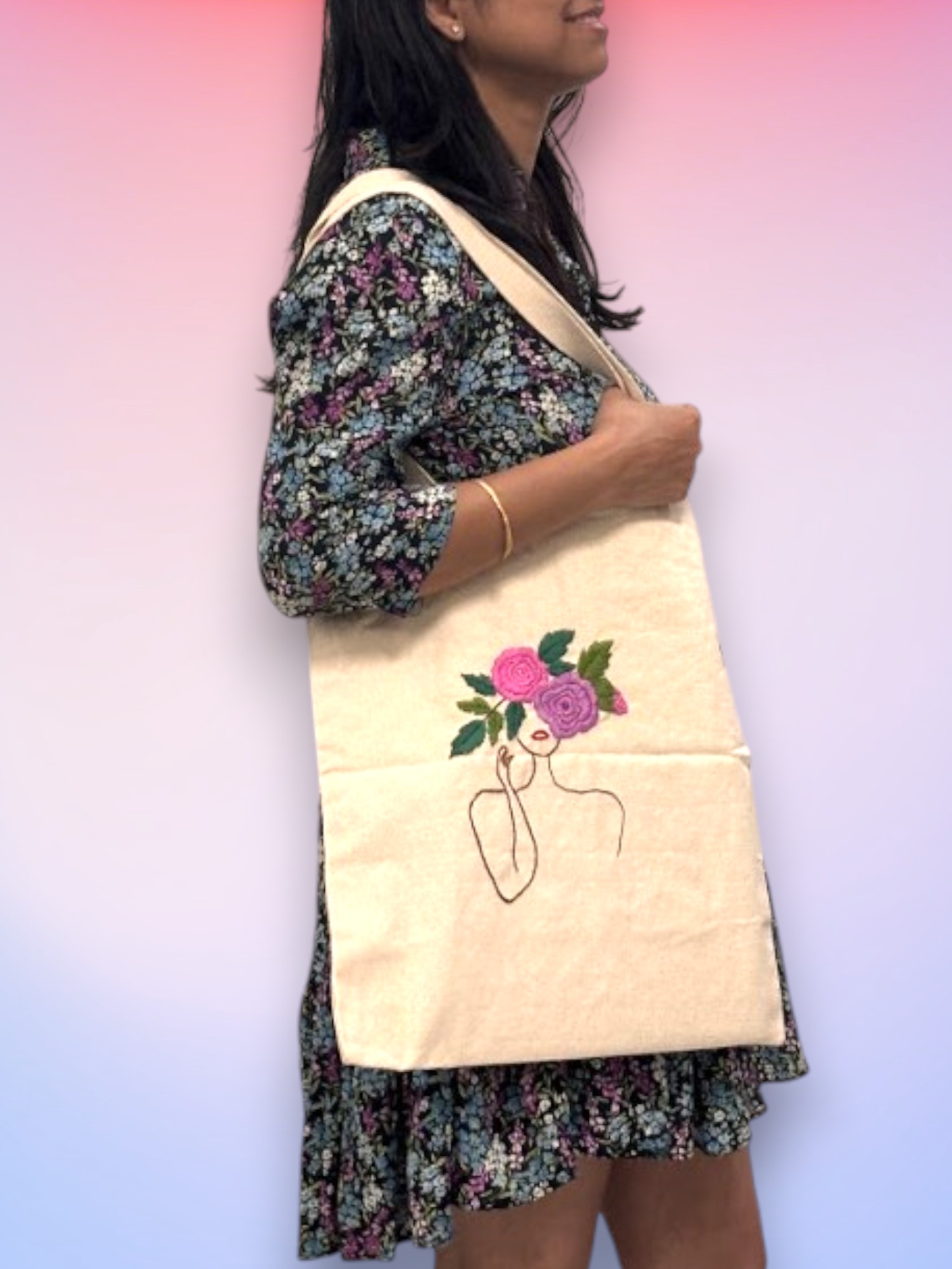Artistic Cotton Tote Bag with Hand Embroidery Floral Design, Natural Beige - Image 4