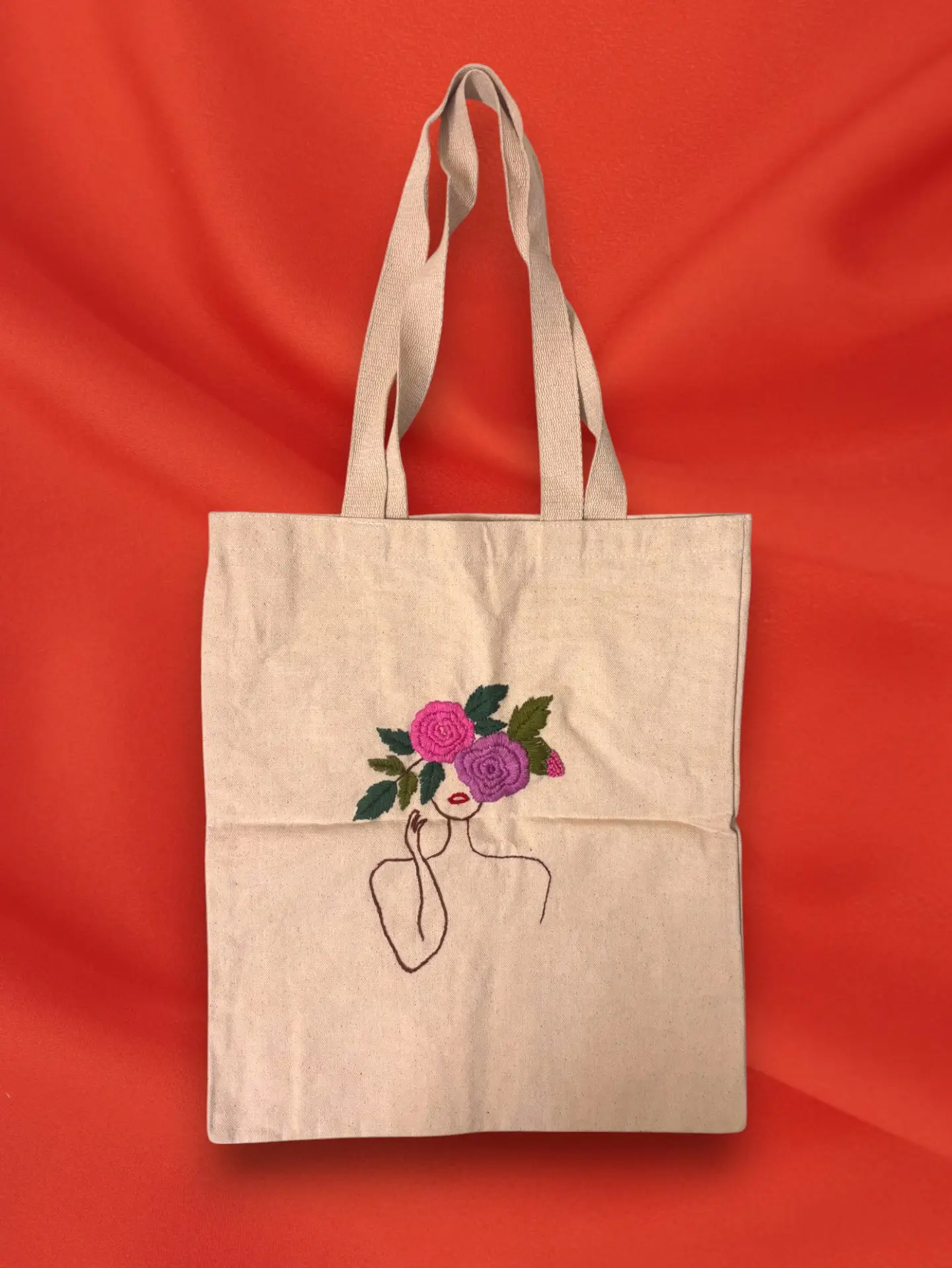 Artistic Cotton Tote Bag with Hand Embroidery Floral Design, Natural Beige - Image 2