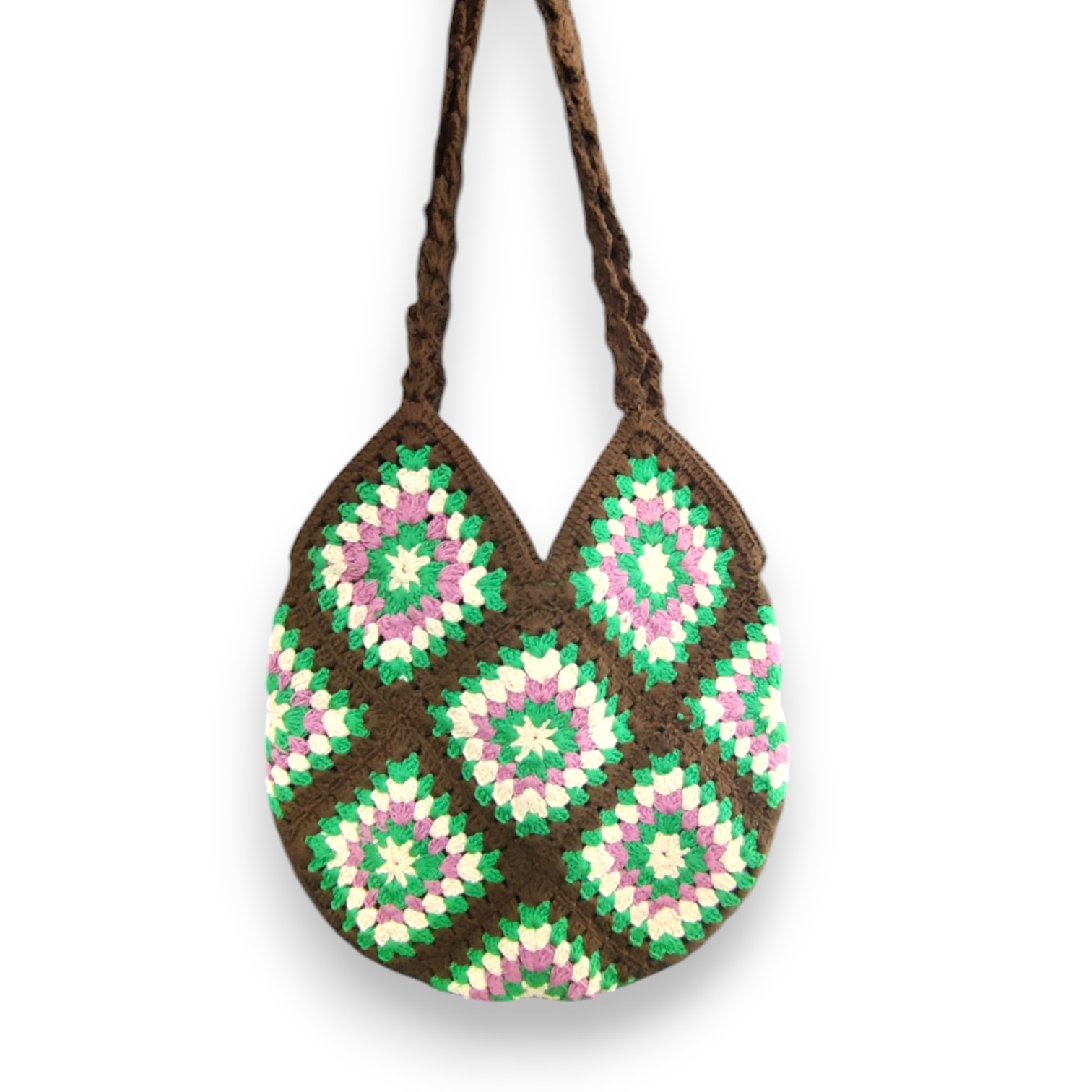 Handmade Crochet Granny Square Bag with Zipper - Brown Color