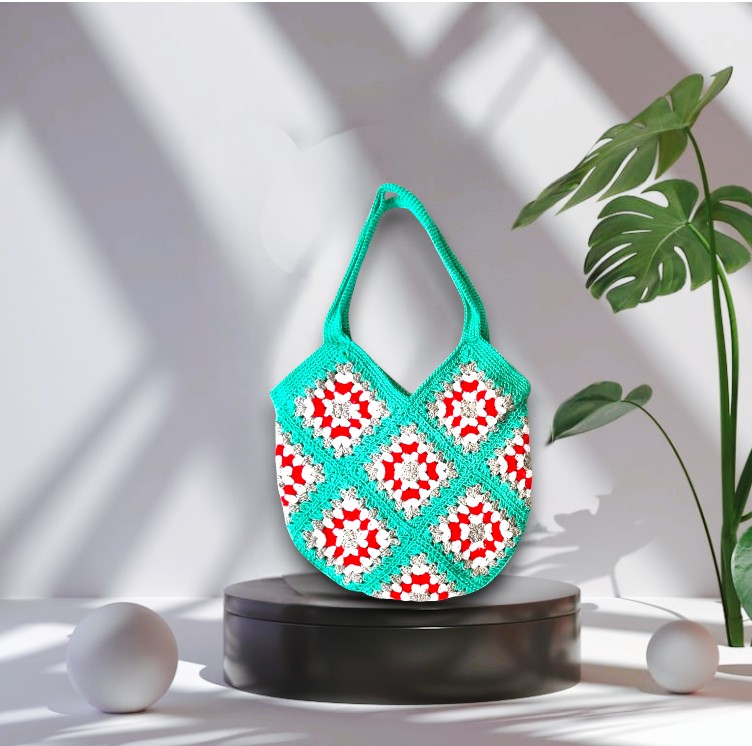 Handmade Crochet Granny Square Bag with Zipper - Sea Green - Image 3