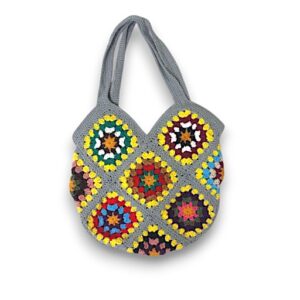 Handmade Crochet Granny Square Bag, Grey with Multicolour Pattern, Zip Closure