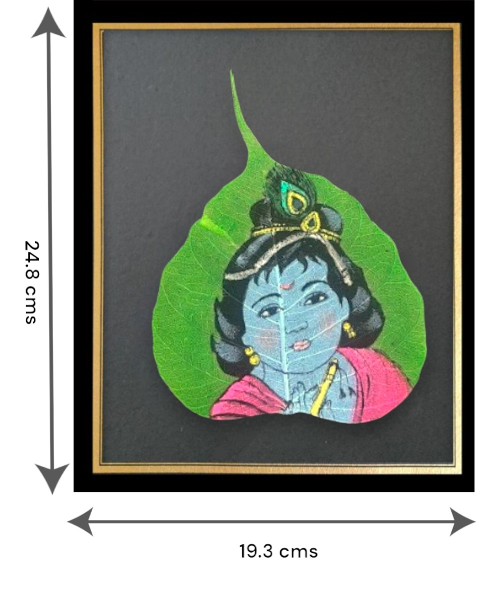 Traditional Indian Peepal Leaf Art, Hand-Painted Classicals, Framed Wall Decor, Krishna - Image 2