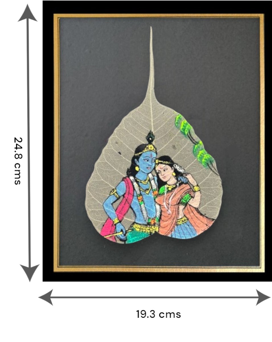 Traditional Indian Peepal Leaf Art, Hand-Painted Classicals, Framed Wall Decor, Radha Krishna - Image 2