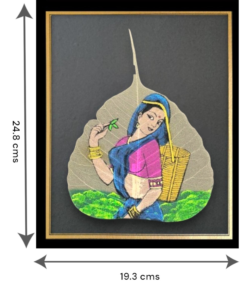 Traditional Indian Peepal Leaf Hand-Painted Classical, Framed Painting of Woman in Tea Garden - Image 2