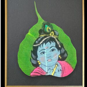Traditional Indian Peepal Leaf Art, Hand-Painted Classicals, Framed Wall Decor, Krishna