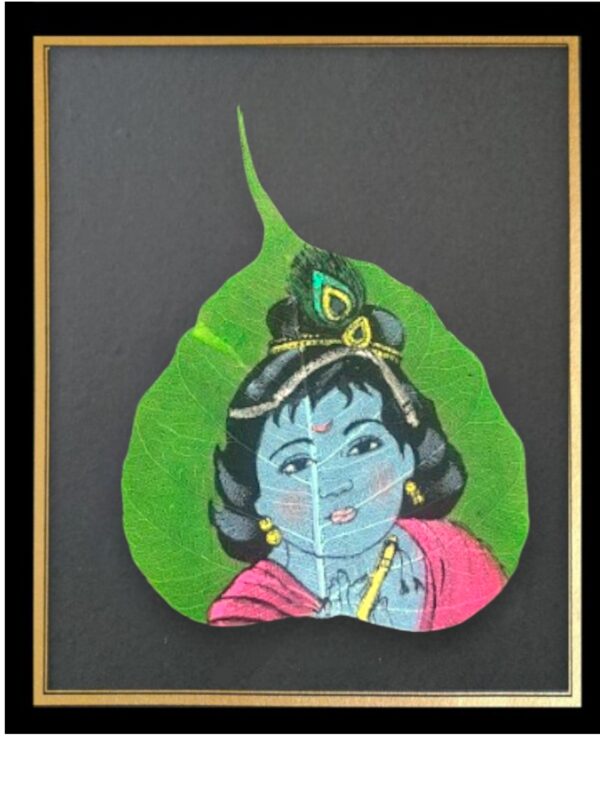 Traditional Indian Peepal Leaf Art, Hand-Painted Classicals, Framed Wall Decor, Krishna