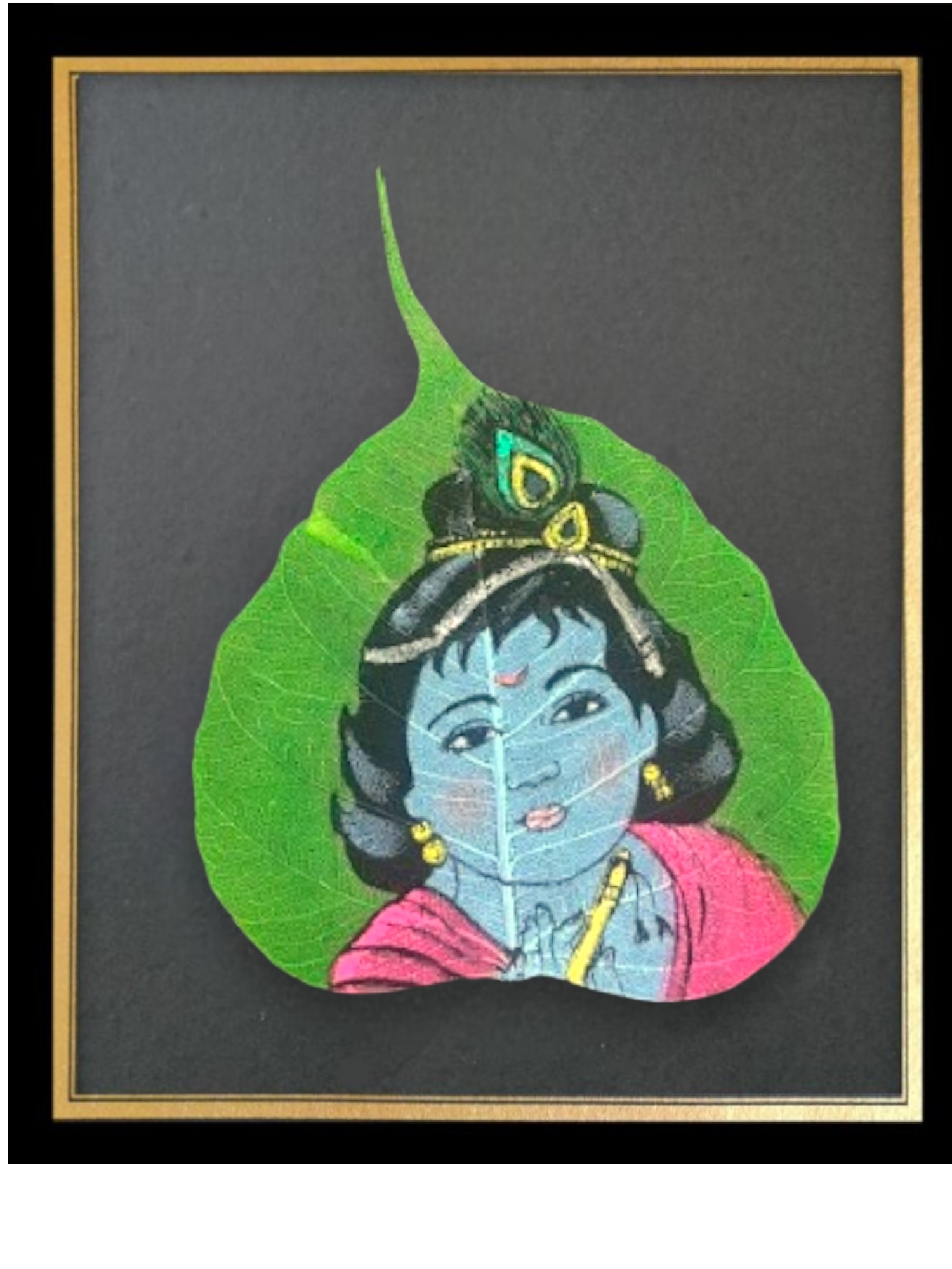 Traditional Indian Peepal Leaf Art, Hand-Painted Classicals, Framed Wall Decor, Krishna
