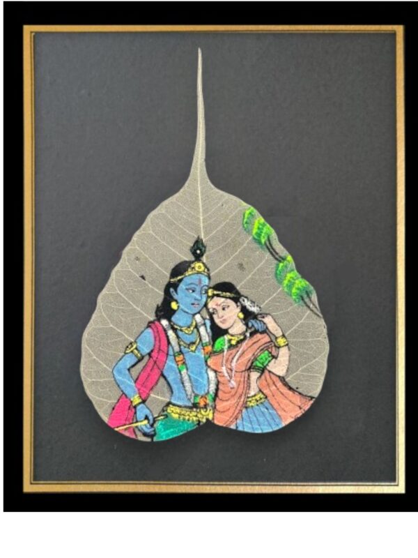 Traditional Indian Peepal Leaf Art, Hand-Painted Classicals, Framed Wall Decor, Radha Krishna