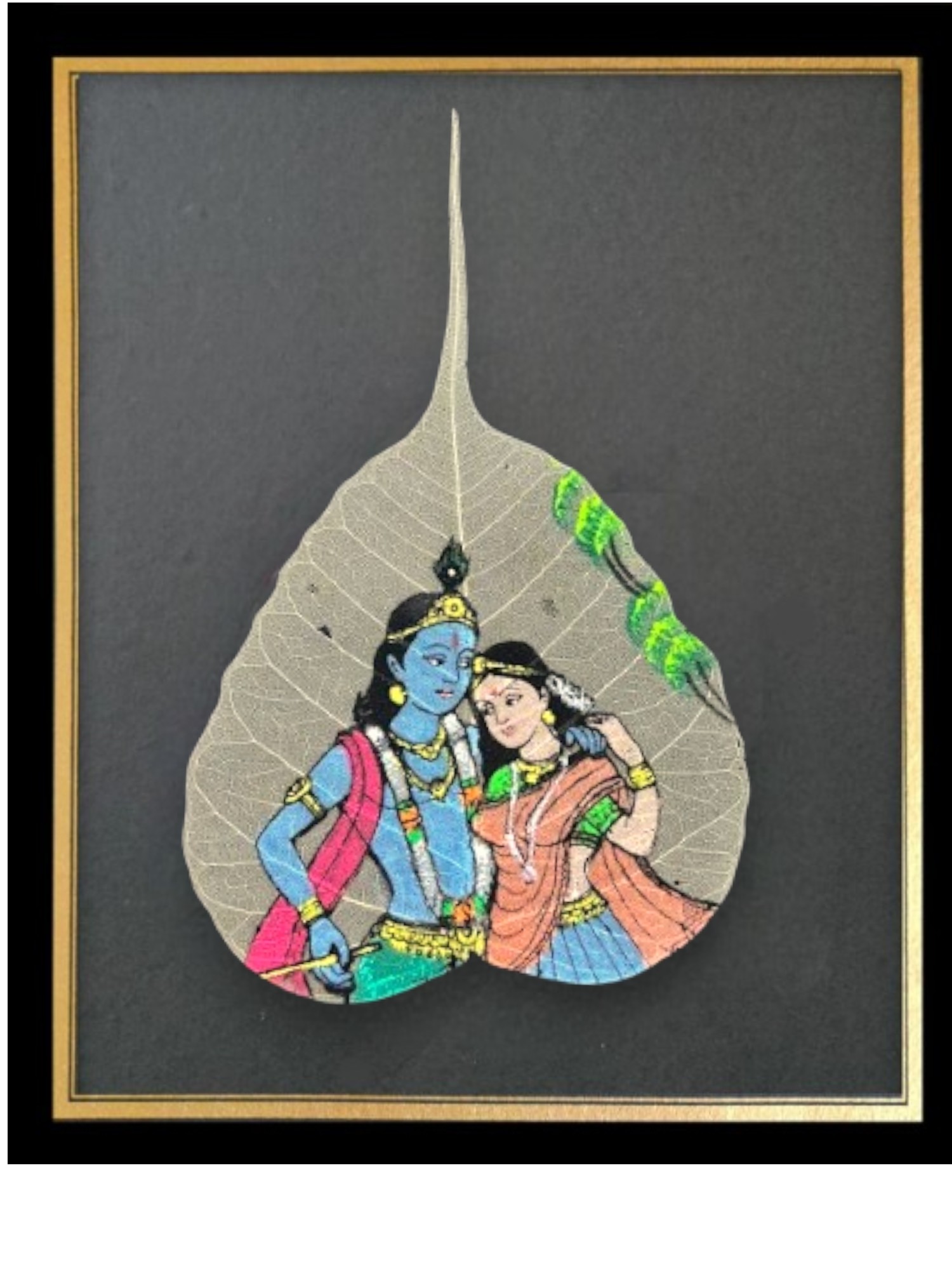Traditional Indian Peepal Leaf Art, Hand-Painted Classicals, Framed Wall Decor, Radha Krishna