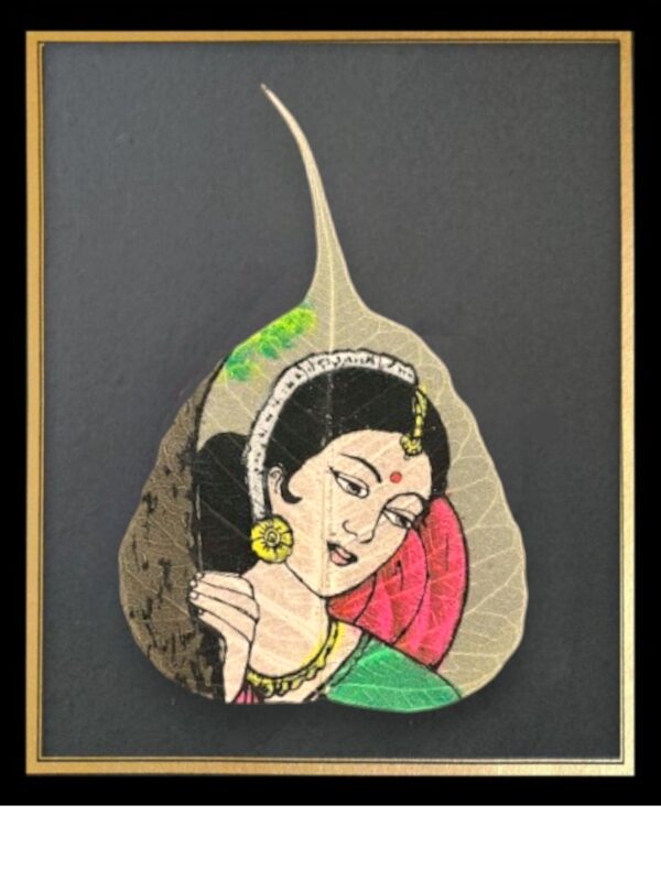Traditional Indian Peepal Leaf Art, Hand-Painted Classicals, Framed painting of Indian Woman