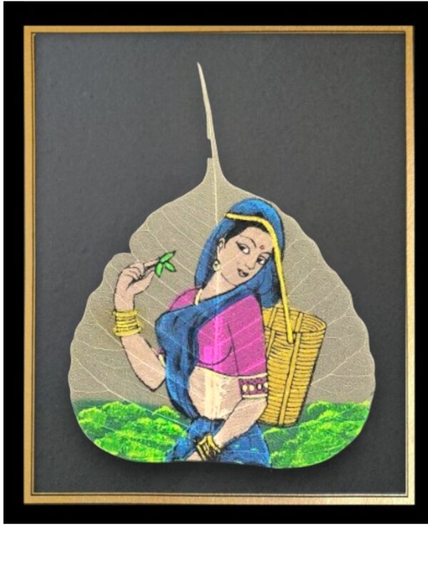 Traditional Indian Peepal Leaf Hand-Painted Classical, Framed Painting of Woman in Tea Garden
