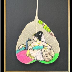 Traditional Indian Peepal Leaf Art, Hand-Painted Classicals, Framed Painting of Woman and Peacock