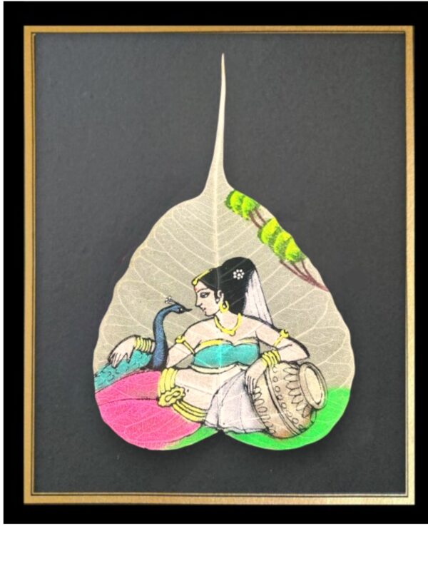 Traditional Indian Peepal Leaf Art, Hand-Painted Classicals, Framed Painting of Woman and Peacock