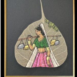 Traditional Indian Peepal Leaf Art, Hand-Painted Classicals, Framed Painting of Woman carrying Water