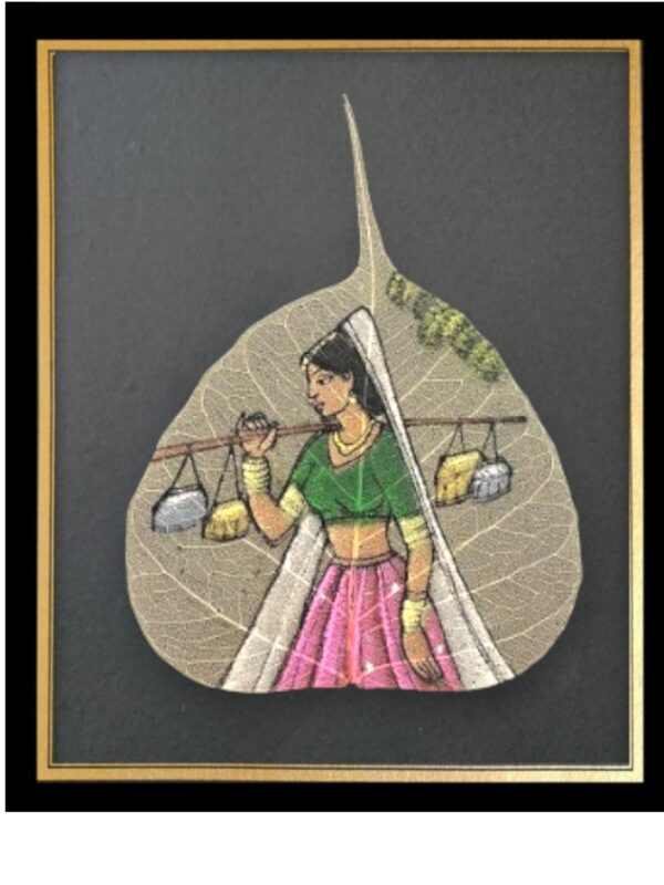 Traditional Indian Peepal Leaf Art, Hand-Painted Classicals, Framed Painting of Woman carrying Water
