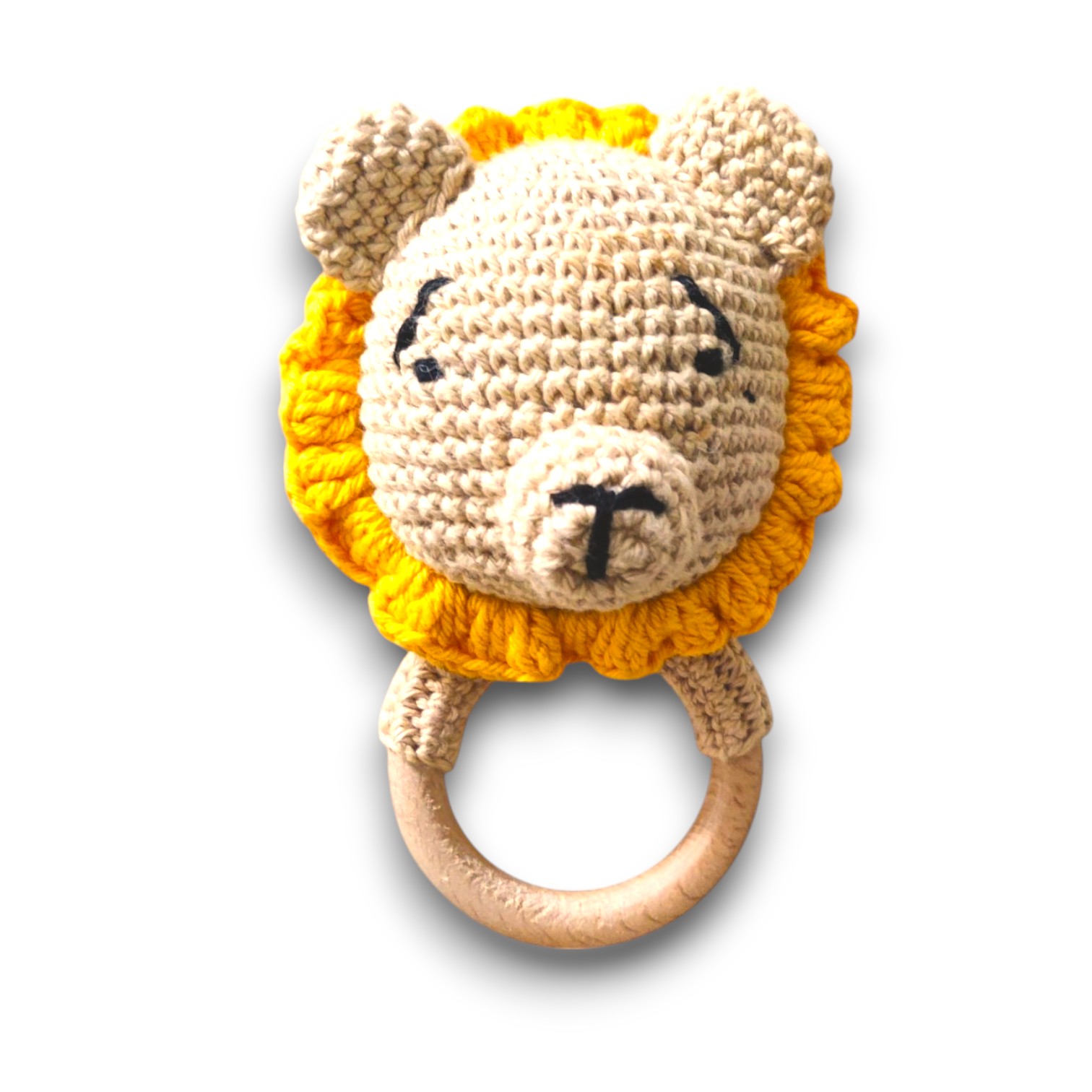 Handmade Crochet Lion, Beige and Yellow, with Wooden Ring Baby Toy