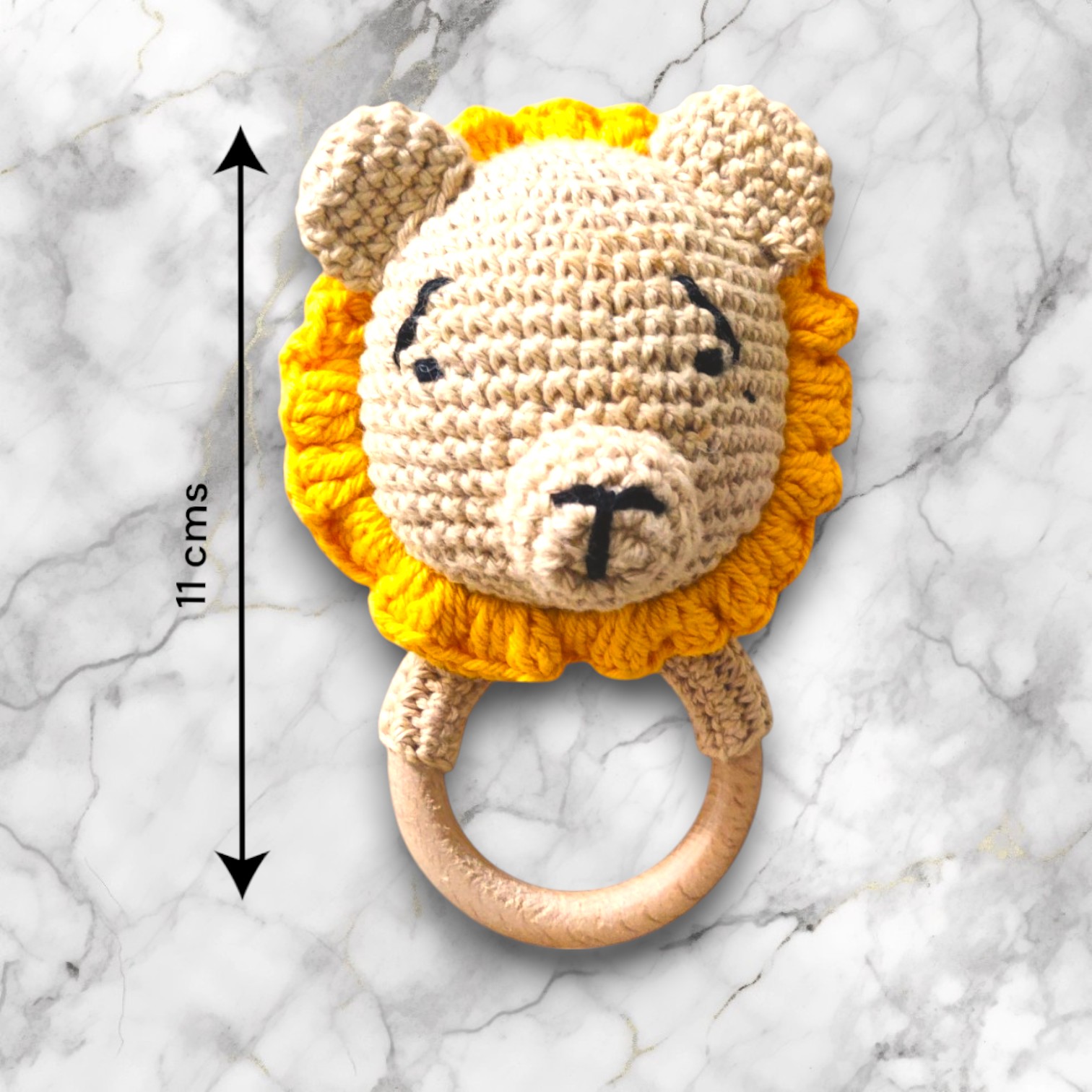 Handmade Crochet Lion, Beige and Yellow, with Wooden Ring Baby Toy - Image 2