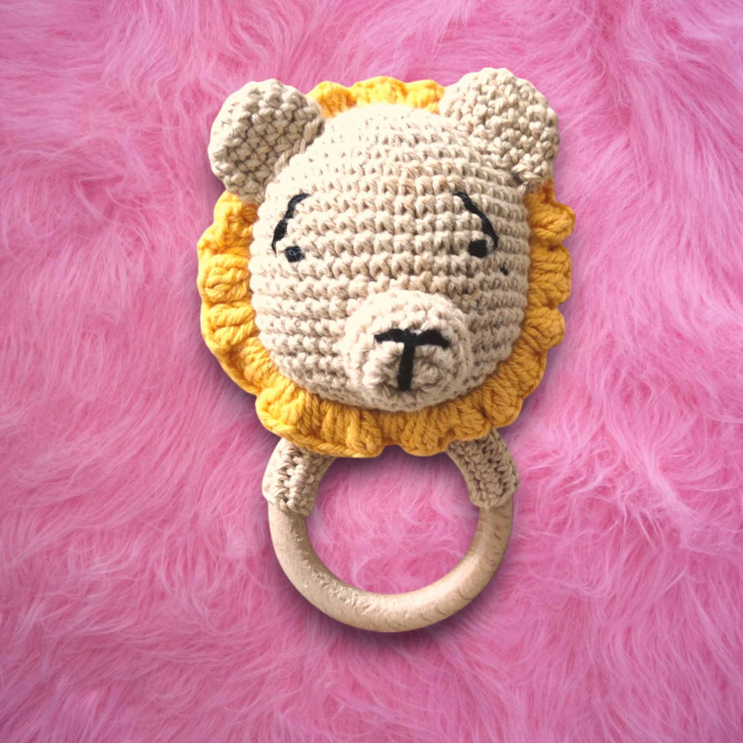 Handmade Crochet Lion, Beige and Yellow, with Wooden Ring Baby Toy - Image 3